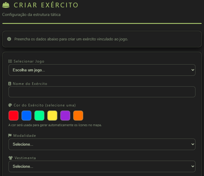Tela Criar Exército com Selecionar Jogo, Nome do Exército, Cor do Exército, Modalidade e Vestimenta.